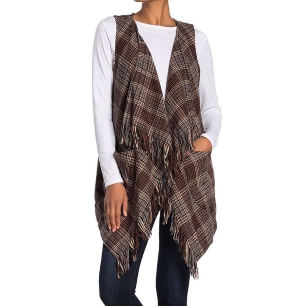 NEW Democracy Fringe Patch Pocket Vest in Brown Plaid Size Large